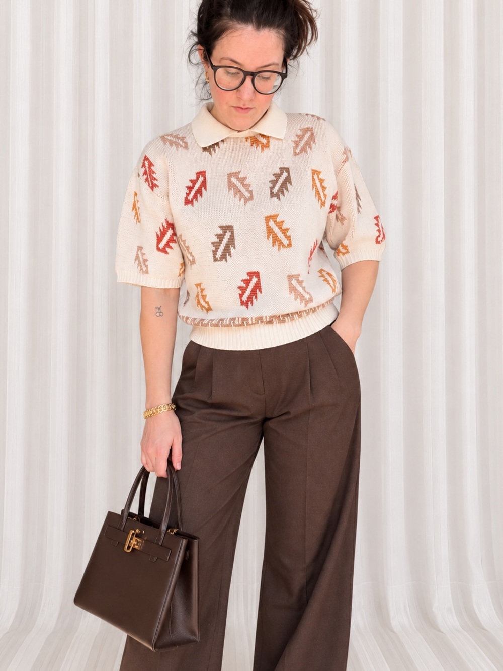 Alfred Dunner Vintage Leaf Print Knit Polo Sweater L